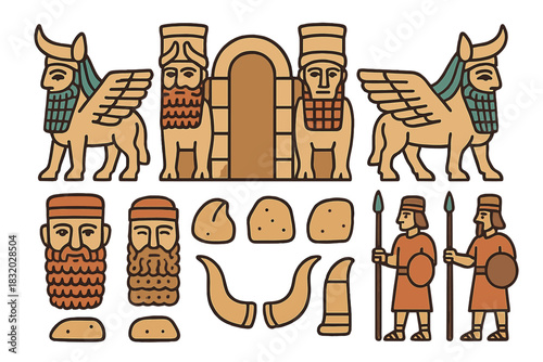 Ancient Sumerian art featuring mythical creatures, warriors, and stone artifacts at a historical site