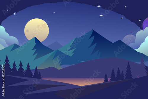 Colorful night landscape with moonlit mountains and glowing lake vector illustration
