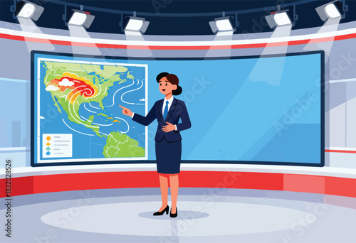 Weather presenter in studio pointing at projected weather map showing a hurricane. Studio lights and stage