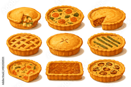 Variety of delicious pies displayed on a white background showcasing different flavors and designs