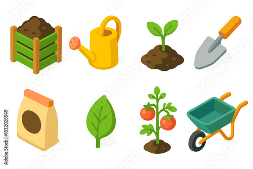 Isometric Gardening Icons. Organic Gardening flat icons set. compost bin, watering can, seedling, trowel, soil bag, leaf, tomato plant, wheelbarrow