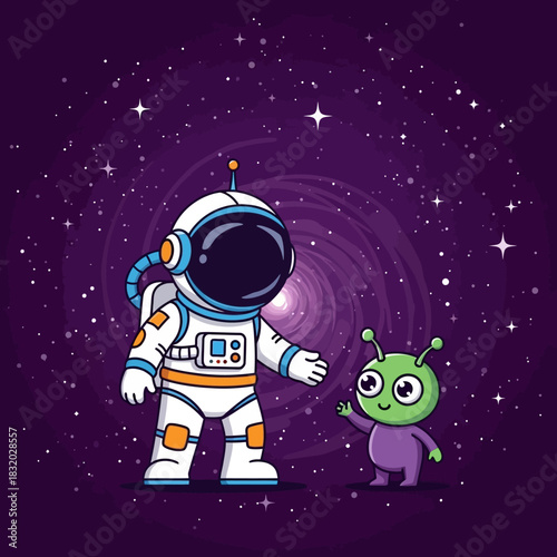 Cartoon astronaut's heartwarming greeting to a friendly alien amidst cosmic wonder and twinkling