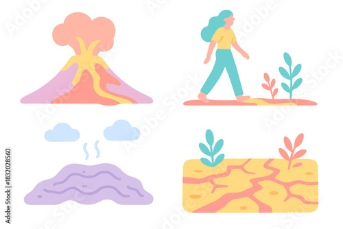 Volcanic landscape scenes showcasing nature's resilience with a person exploring various terrains