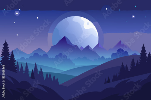 Dreamy night mountain panorama with glowing blue valley and moonlit sky landscape