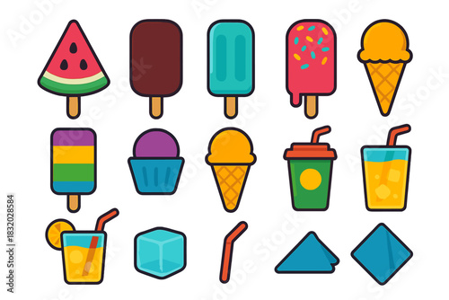 Colorful variety of ice cream and frozen treats displayed in a playful layout ideal for summer enjoyment