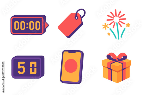 Vibrant Countdown Icons. Promotional Countdown Set flat icons set. digital timer, sale tag, fireworks, number display, phone screen, gift box