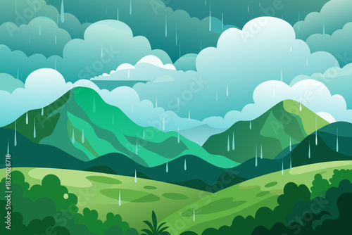 Green mountains and rolling hills during a heavy rain shower clouds