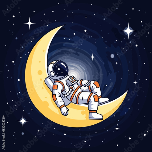 Astronaut's cosmic repose on lunar crescent under a canvas of twinkling stars