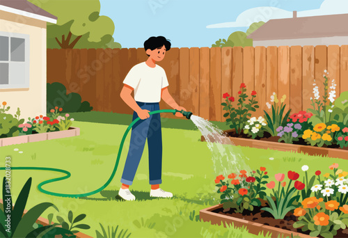 A person waters a garden filled with vibrant flowers.  A green hose arcs through the air, spraying water