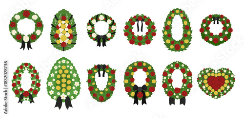 A vector set of funeral wreaths with various floral arrangements. Each wreath has a unique shape and color to honor the memory of loved ones or the deceased.