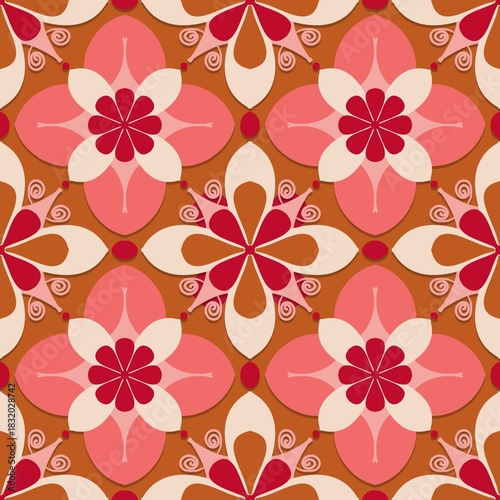 seamless floral background,red,pink,white curves ,painted create to flowershape, leaves, brown background in geometric patterns as sarong,fabric,tile,printed fabric,batik,tablecloth patterns.