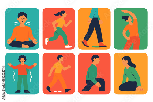 Energetic Balance Icons. Energetic balance actions flat icon set: mindful breathing, steady movement, grounding step, gentle stretch, energy reset, paced rhythm, focused pause