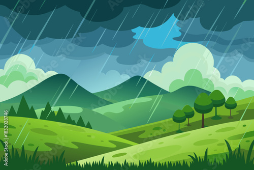 Green rolling hills and trees during a rain shower with dark clouds overhead storm weather