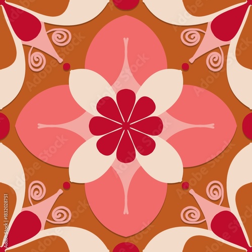 abstract floral background,red,pink,white curves ,painted create to flowershape, leaves, brown background in geometric patterns as sarong,fabric,tile,printed fabric,batik,tablecloth patterns.