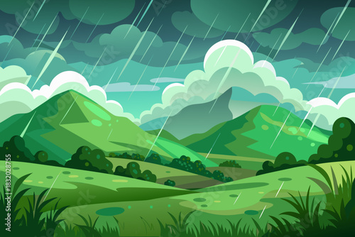 Green rolling hills and mountains under a stormy, rainy sky clouds