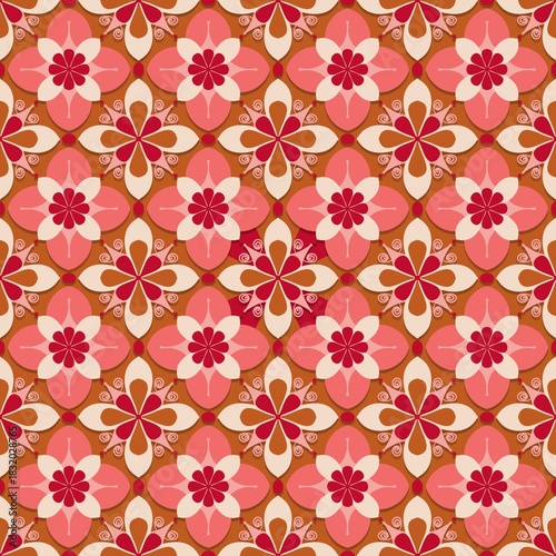 seamless floral pattern,red,pink,white curves ,painted create to flowershape, leaves, brown background in geometric patterns as sarong,fabric,tile,printed fabric,batik,tablecloth patterns.