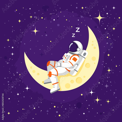 Astronaut's slumber on crescent moon surrounded by dreamy starlight constellations background