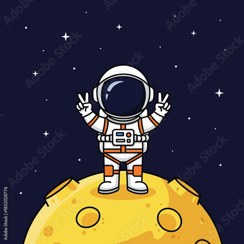 Cartoon astronaut making peace sign on a celestial body in the darkness cosmos