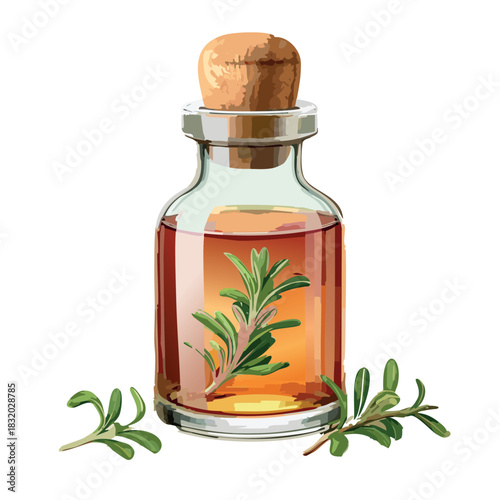 hyper-realistic glass bottle of thyme tincture, upright small vial with rich amber herbal liquid and tiny suspended particles