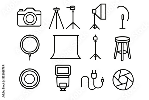 Studio Photography Icons. Studio photography linear icon set: camera, tripod, softbox, reflector, light stand, backdrop, lens, flash, stool, monitor, cable, shutter icon