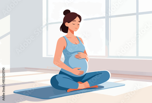 Pregnant woman meditating in a bright room, seated on a yoga mat, hands on her belly