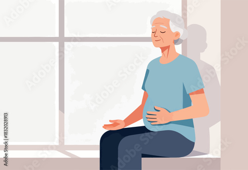 Illustration of a serene elderly person in a light blue shirt with eyes closed, hand on stomach