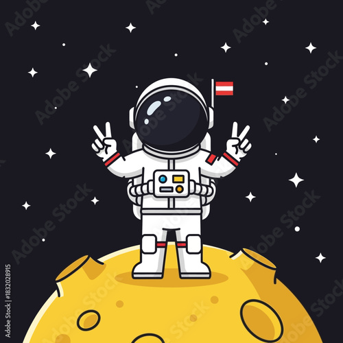 Astronaut's Tranquil Triumph: A Cartoonish Illustration of Space Exploration and Victory