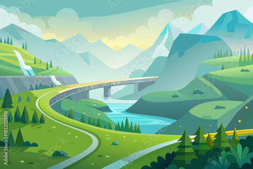 Majestic Mountain Landscape with Waterfall and Elevated Highway Keywords: mountain, landscape, highway, bridge, waterfall, river, nature, scenic