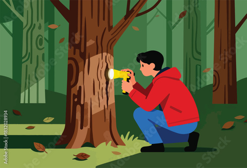 A person in a red jacket uses a flashlight to examine a tree in a forest, leaves scattered around