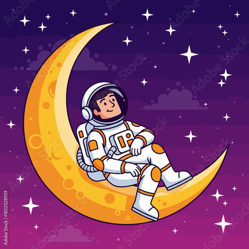 Whimsical astronaut resting on a crescent moon surrounded by stars in cosmic space