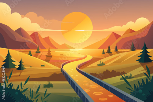 Mountain valley landscape with winding road and reflections at sunset Keywords: landscape, valley, mountains, river, road, sunset, sky, clouds