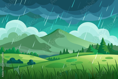 Rolling green hills under a stormy sky with heavy rain and distant mountains weather nature