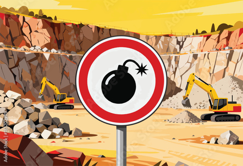 An excavator works in a quarry, behind a sign warning of explosives. A sign of a bomb indicates hazard
