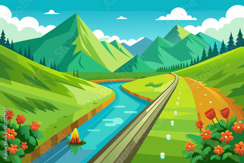 Scenic mountain landscape with a winding river and railway tracks nature mountains