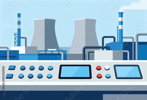 Stylized vector illustration of a power plant with smokestacks and control panel. Soft blue sky background
