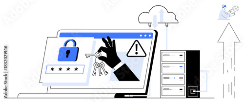 Laptop with lock, password field, and hand holding keys. Alerts and server stack highlight data security, system protection, and risk mitigation. Ideal for technology, cybersecurity, digital safety