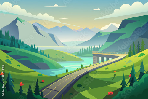 Scenic Mountain Road Alongside a Lake and Dam Structure Keywords: mountain, road, lake, dam, bridge, nature, landscape, scenic, travel, journey