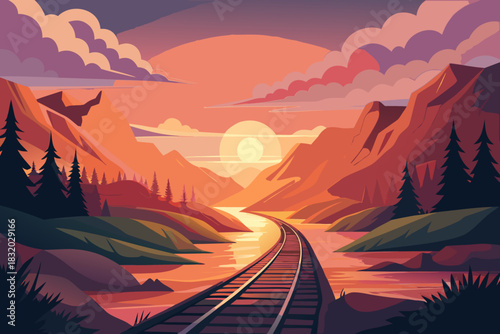 Scenic mountain valley with railway tracks at sunset mountains