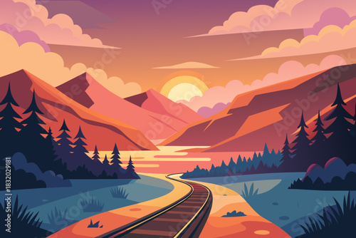Scenic mountain valley with winding train tracks at sunset railway mountains