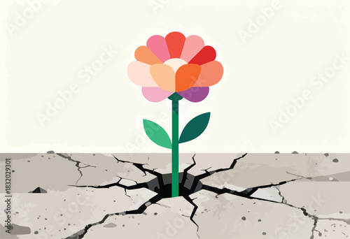 A vibrant flower sprouts from a cracked surface, symbolizing resilience and growth. Soft background, colorful petals