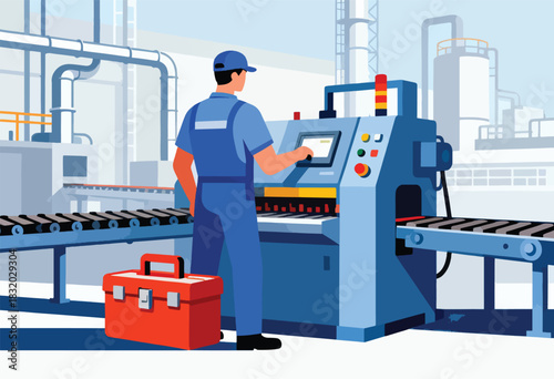 A factory worker in a blue uniform operates machinery, a red toolbox nearby, industrial background