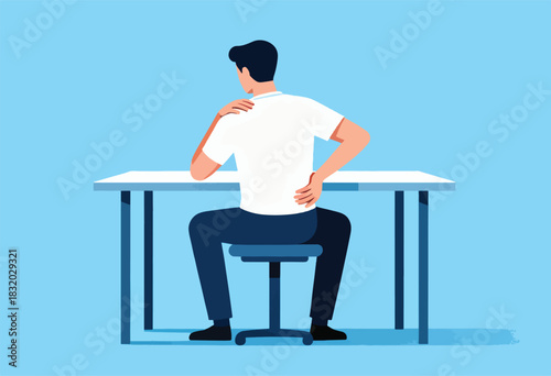 Illustration of a person sitting at a desk, with hands on shoulder and back, seemingly in pain