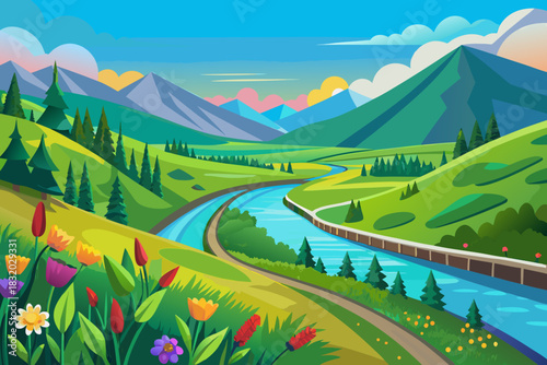 Serene Mountain Valley with Winding River and Colorful Flowers Keywords: landscape, nature, spring, river, mountains, valley, green hills, trees