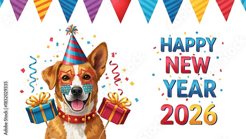 Festive Dog Celebrates New Year 2026 with Party Hat and Gifts