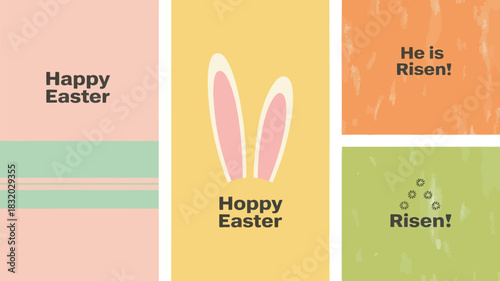 Happy easter and he is risen messages with bunny ears and floral accents on pastel backgrounds