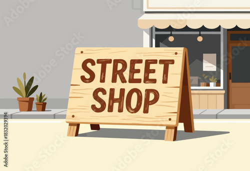 An illustrated street scene with a wooden "STREET SHOP" sign. A shop is in the background, potted plants on the left