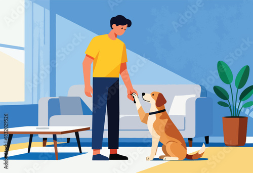 A person with a yellow shirt gives a treat to a dog. They're indoors. Furniture is nearby. Dog gives paw
