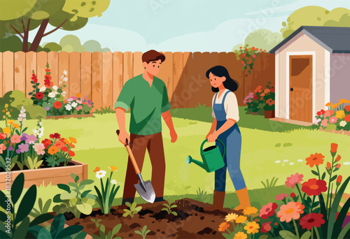 A couple tending to their garden, with shovel and watering can, amidst a vibrant array of flowers, and a shed