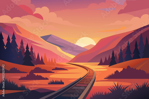 Train tracks leading through a vibrant mountain landscape at dusk railway mountains