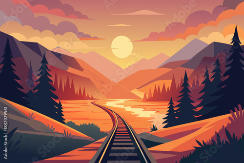 Train Tracks Leading Through Mountain Valley at Sunset railway railroad